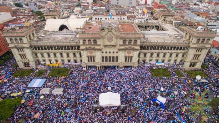 An aerial shot of Guatemala City protests.