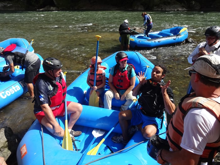 Luis Sánchez Hernández, aka Luigi, gives Costa Rica's first family a briefing on Rafting 101.