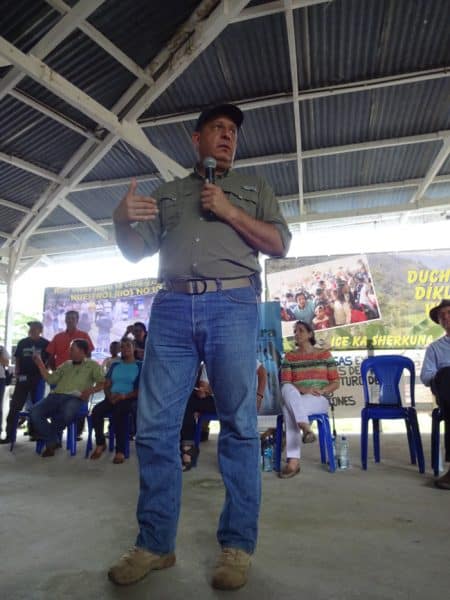 Solís addresses members of the community at Rancho Bleak after the signing.