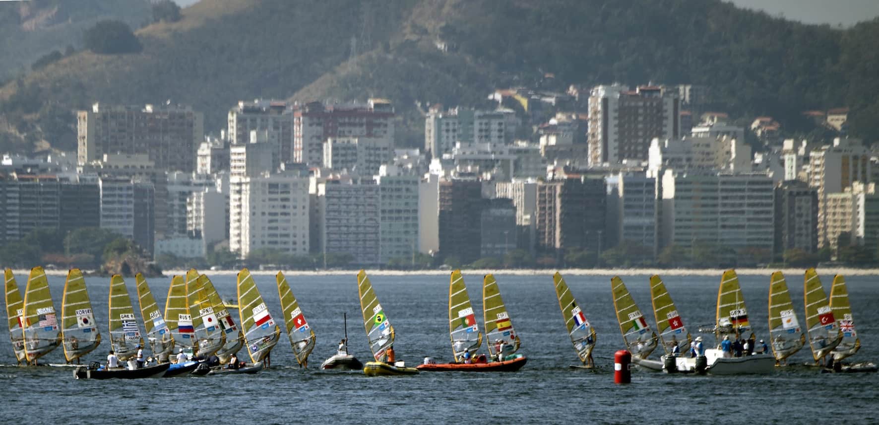 Sailing boats compete in the International Sailing Regatta held in the Guanabara Bay in Rio de Janeiro, Brazil on Aug. 19, 2015, an event that serves as a test for the Rio 2016 Olympic Games.
