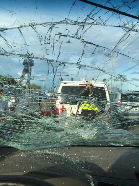 Daniel Bizier's windshield, destroyed by protesters with rocks and cinder blocks.