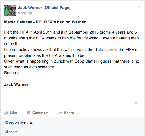 Message from Jack Warner on his Facebook page