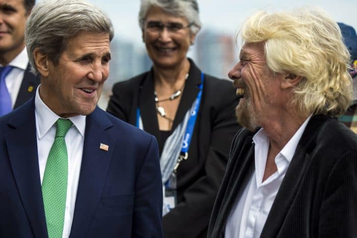 U.S. Secretary of State John Kerry, left, and English businessman Richard Branson before the Easter Island announcement.