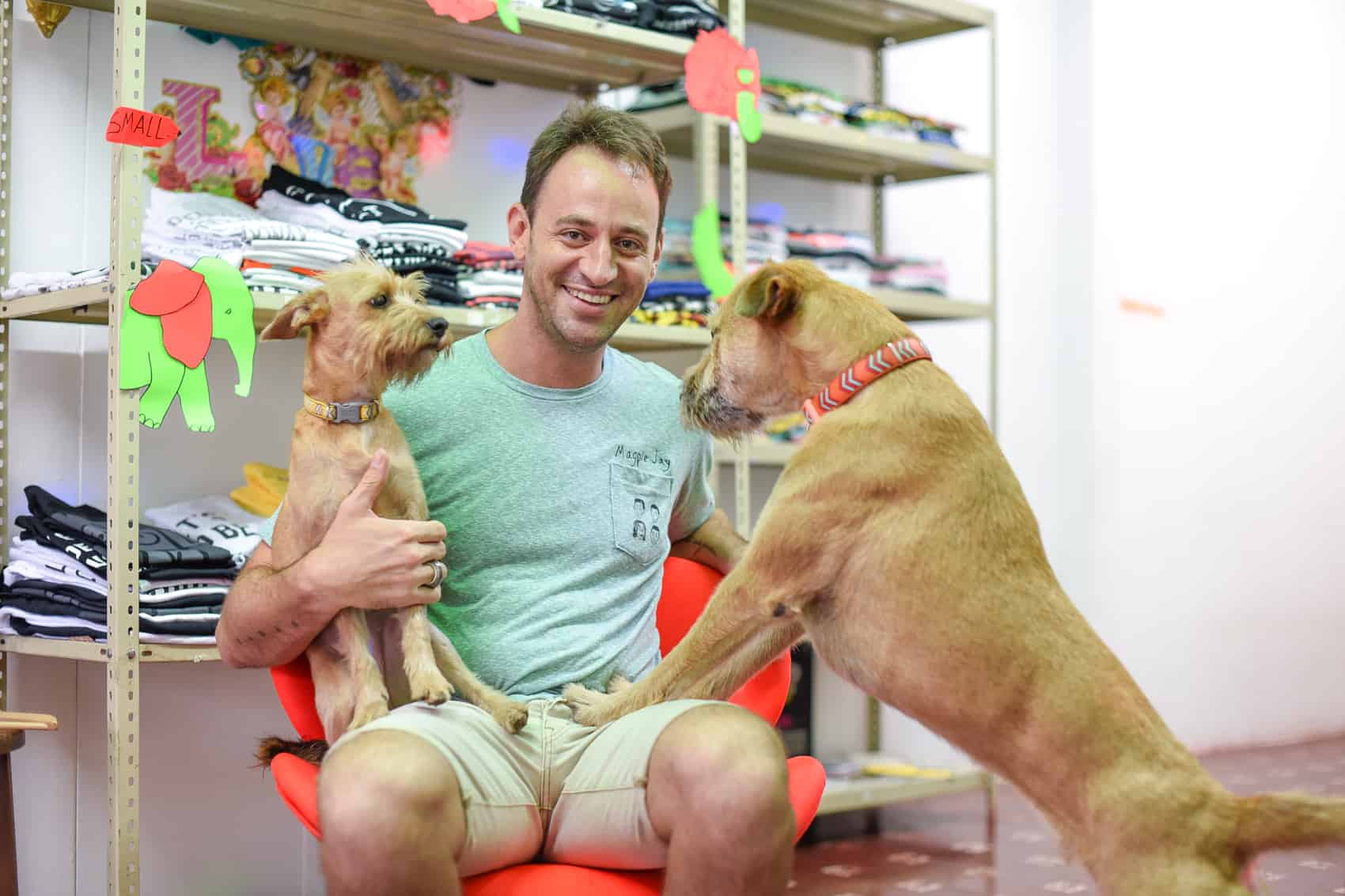 Plivertees owner Oliver Skinner and his two dogs, Radar and Hutch.