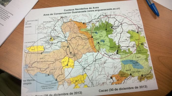 A map of bird count circles in Guanacaste