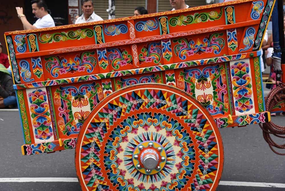 A close-up of a decorated oxcart during Costa Rica's largest oxcart parade, celebrated in downtown San José.