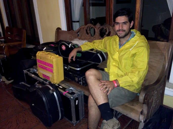 424's drummer, Juan Carlos Pardo, posing next to some instruments. Elizabeth Lang/ The Tico Times