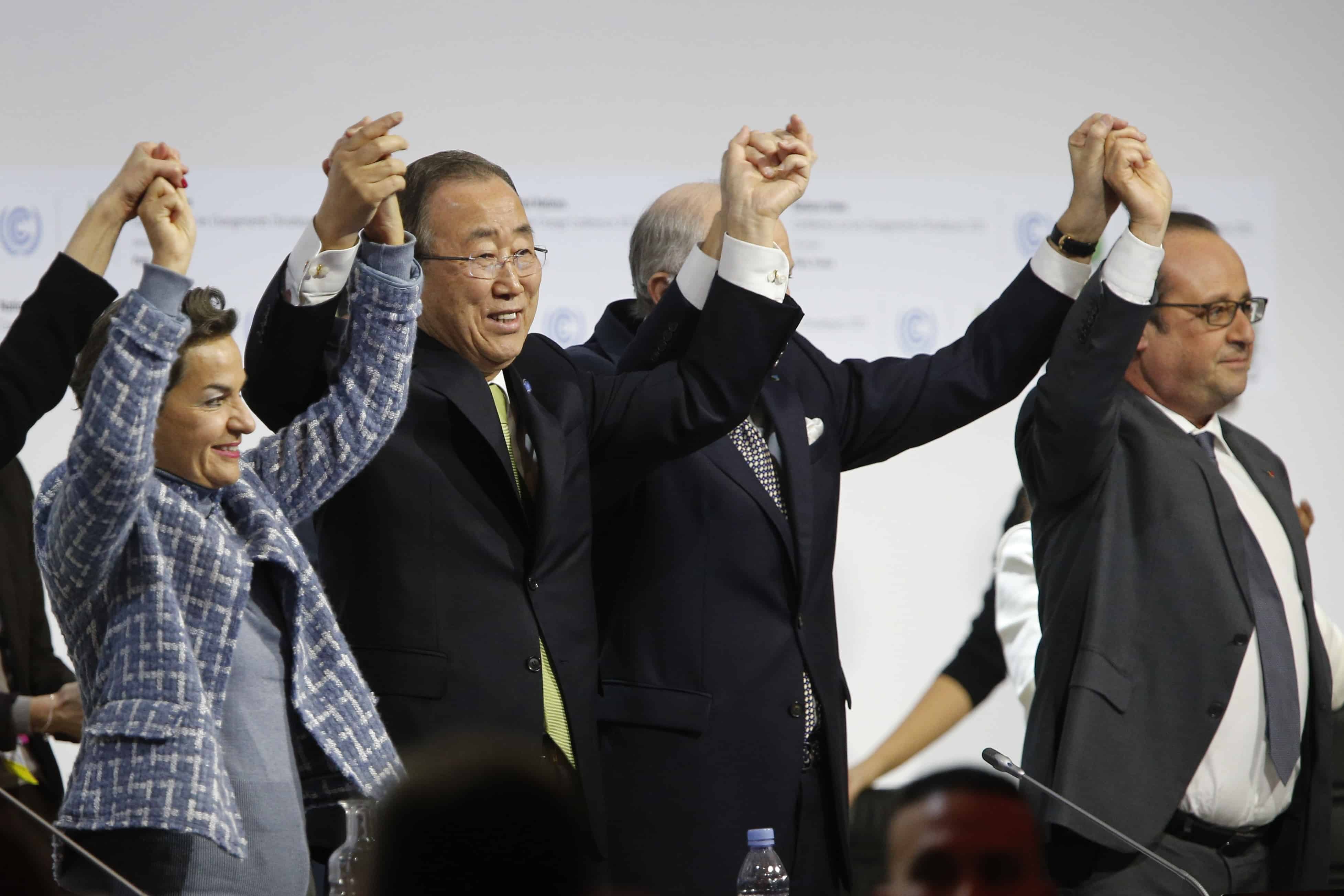 Paric climate talks: Christiana Figueres, Ban Ki Moon, Laurent Fabius and Francois Hollande