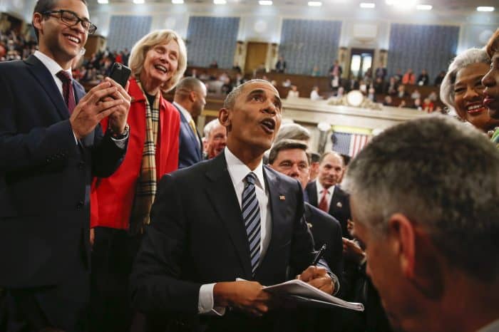 State of the Union: U.S. President Barack Obama looks up at the balcony