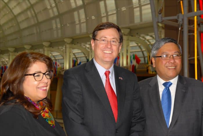 From left, Allyson McKithen, senior operations manager at the Ronald Reagan Building’s Office for Trade Promotion, Román Macaya, Costa Rica’s ambassador to the United States, and Nelson Garcia, president of Washington Intergovernmental Professional Group LLC.