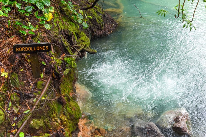 Borbollones, at Río Celeste in Tenorio Volcano National Park "the place where the water bubbles," is the result not of heat but of venting volcanic gases.