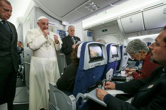 Pope Francis speaks to journalists aboard a flight from Mexico to Italy