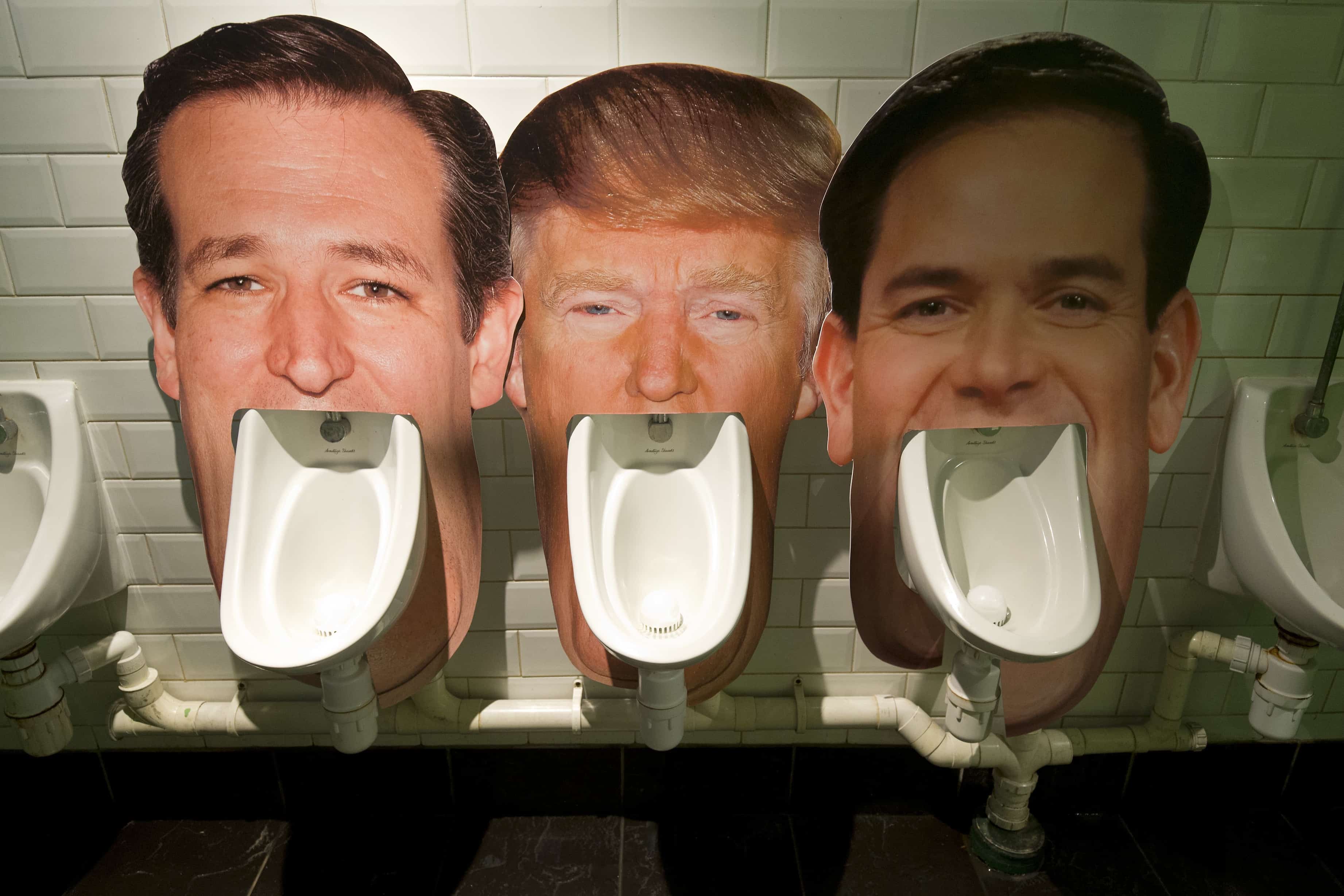 Trump mexico; Cardboard cutouts of Republican presidential candidates (left to right) Ted Cruz, Donald Trump and Marco Rubio