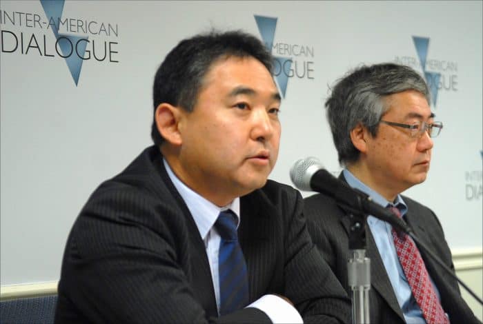 Norihide Tsutsumi of Mitsubishi Peru, left, and Kazushige Taniguchi of the Inter-American Development Bank | Japan investment in Latin America