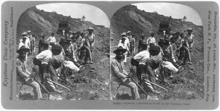 A 1909 stereographic photo shows Spanish laborers working on the Panama Canal.