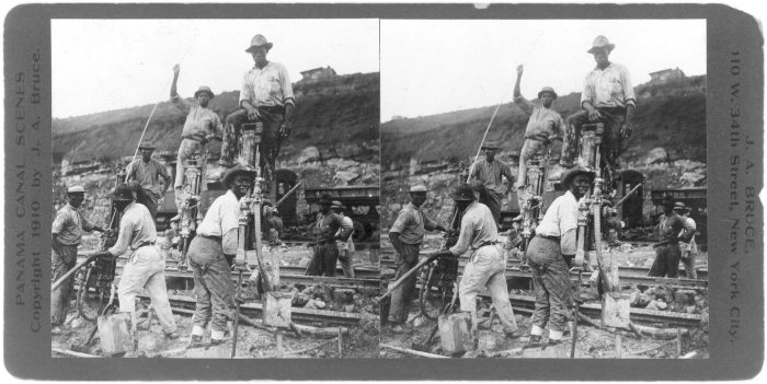 An April 1910 stereographic file photo shows Panama Canal workers using tripod drills during construction of the canal.