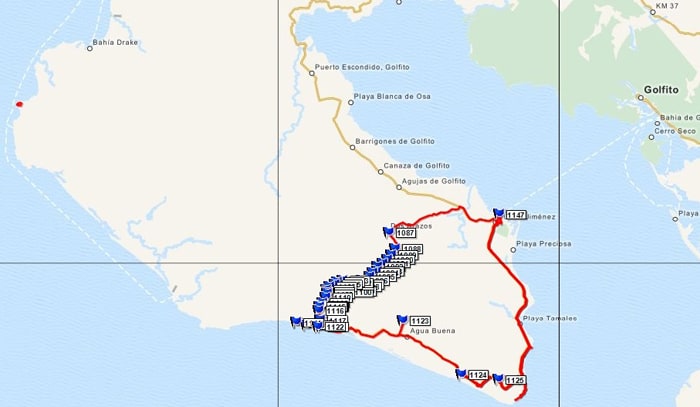 GPS map of two days' travel, with red representing mostly the area we drove (counterclockwise) and the clustered blue flags representing the area we walked, on four legs or two.