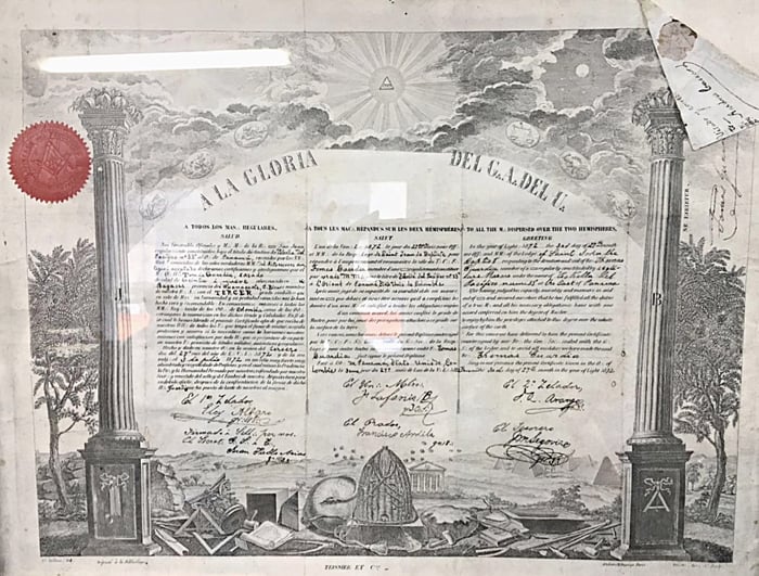 Certificate issued to José María Castro Madriz instating him as a Grand Master of Masonry.