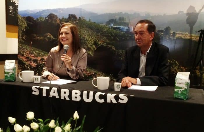 Starbucks Country Manager Mónica Bianchini and Director of Global Agronomy Carlos Mario Rodríguez Solís. Jan. 26, 2017.