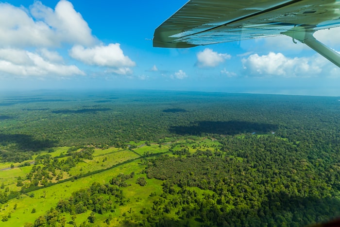 Airplane view over the Caribbean lowlands, where Tortuguero National Park begins.