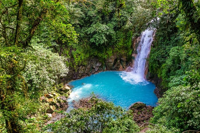 Waterfall at the spectacularly blue Celeste River at Tenorio Volcano National Park in northern Costa Rica.