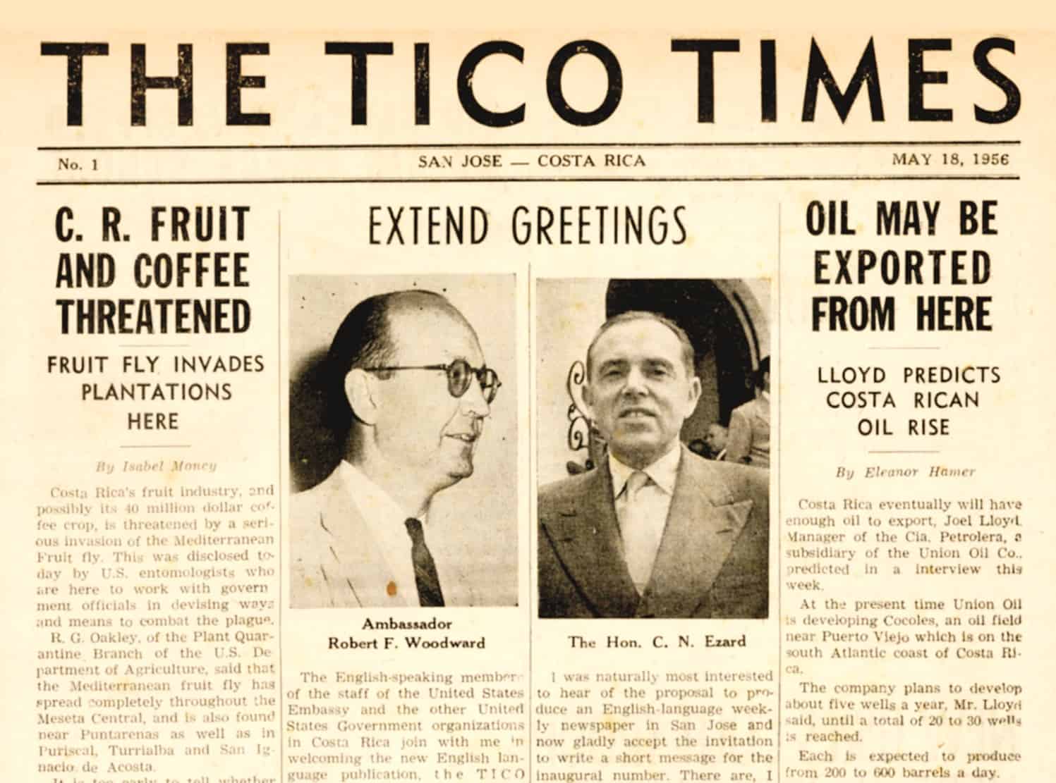 From the front page of The Tico Times' first issue in 1956.