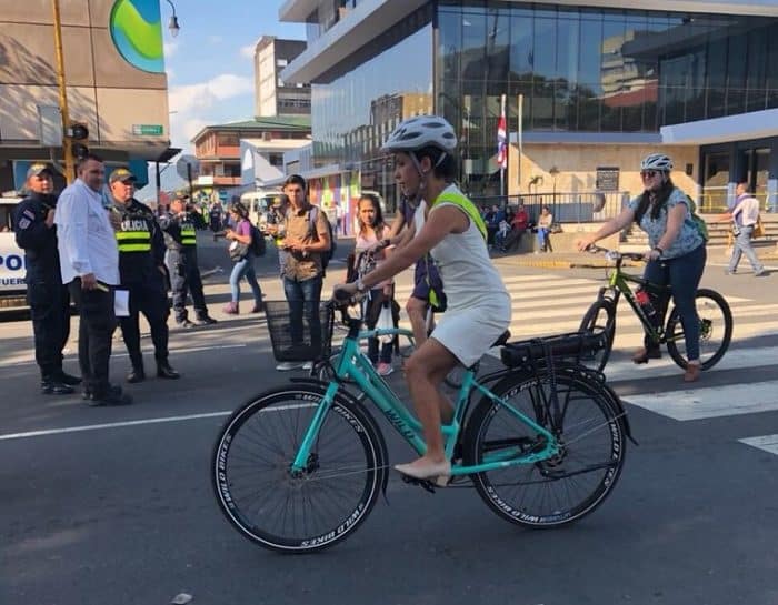 Legislative Assembly President Carolina Hidalgo bikes to Costa Rica's presidential inauguration on May 8, 2018.