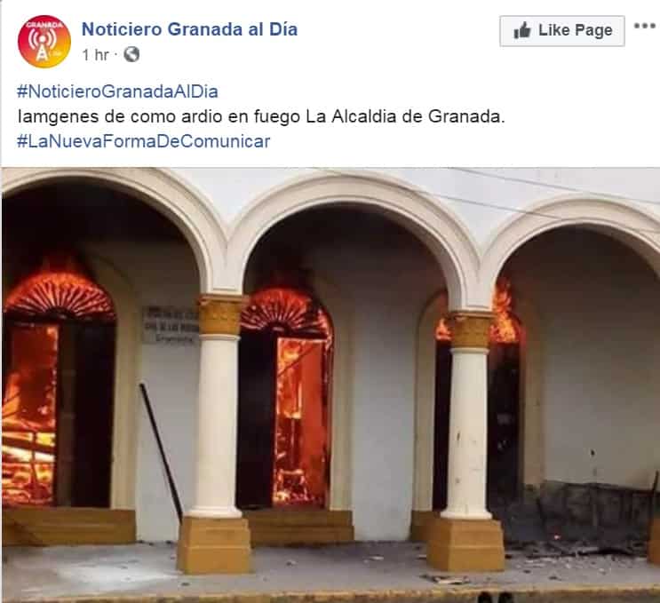The Alcaldía de Granada, Nicaragua in flames.