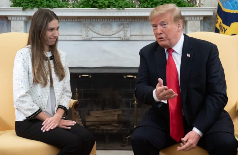 US President Donald Trump meets with Fabiana Rosales de Guaido, wife of Venezuelan opposition leader Juan Guaido, in the Oval Office of the White House in Washington, DC, March 27, 2019.