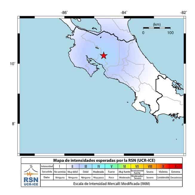 Map showing approximate intensity of Sunday's earthquake in Costa Rica.