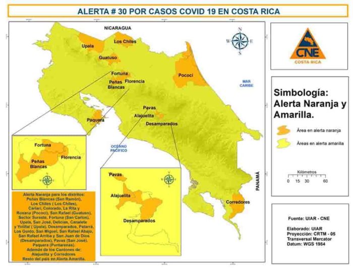 Costa Rica coronavirus orange alerts on June 26, 2020.