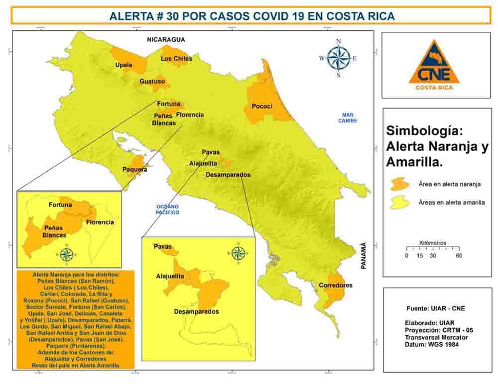 Costa Rica coronavirus orange alerts on June 26, 2020. 