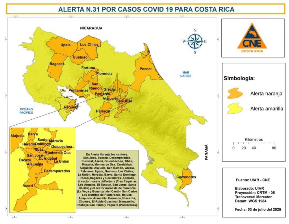 Areas in Costa Rica under an orange alert as of July 3, 2020.