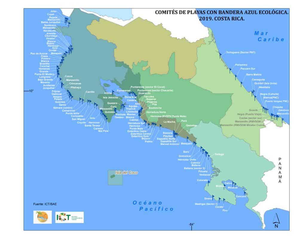 Blue flag beaches in Costa Rica as of August 5, 2020. 