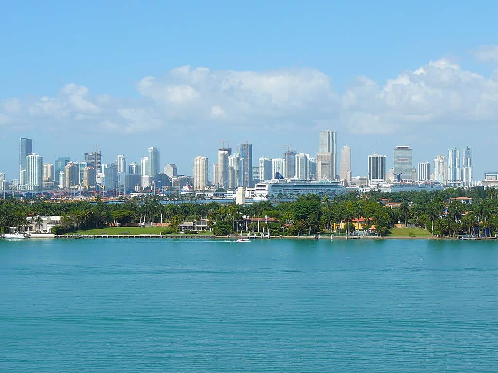 The skyline of downtown Miami as seen from South Beach.