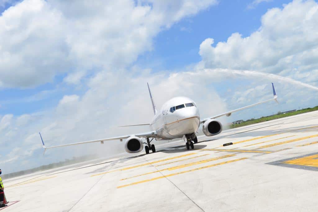 Water cannons welcome a flight to Liberia, Guanacaste, Costa Rica on September 5, 2020.