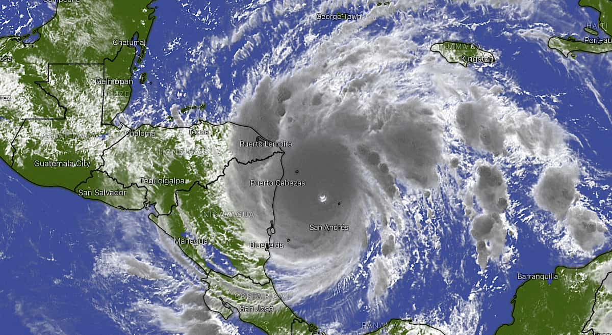 Satellite image of Hurricane Iota approaching Central America on November 16, 2020.