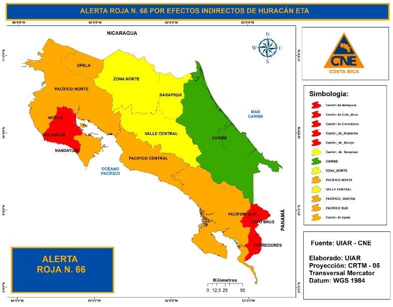Map of Yellow, Orange and Red Alerts in Costa Rica associated with Hurricane Eta on November 4, 2020.