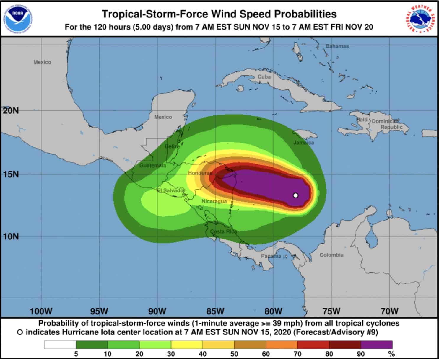 Wind speed probabilities associated with Hurricane Iota.