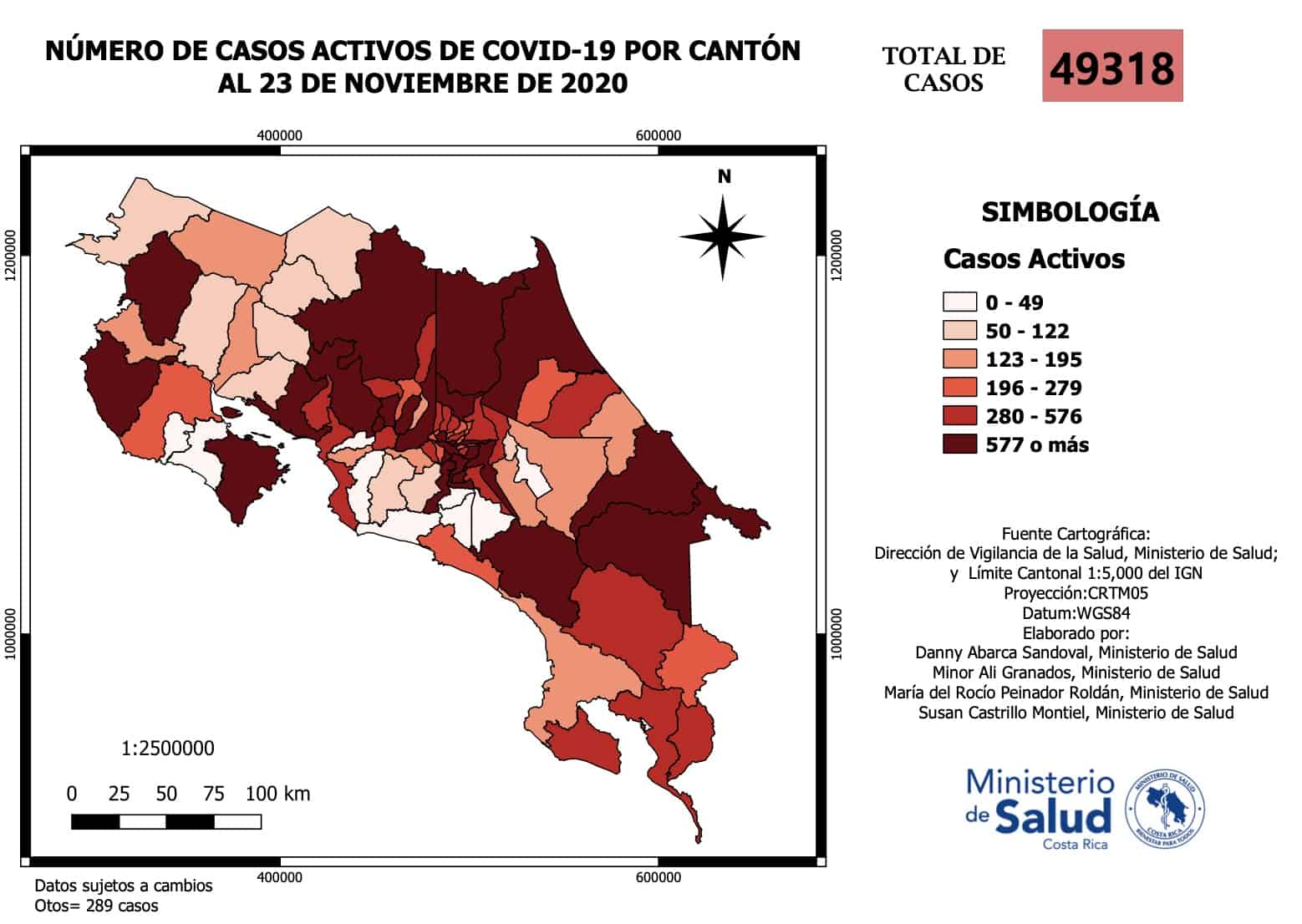 A map showing Costa Rica's active coronavirus cases by canton.