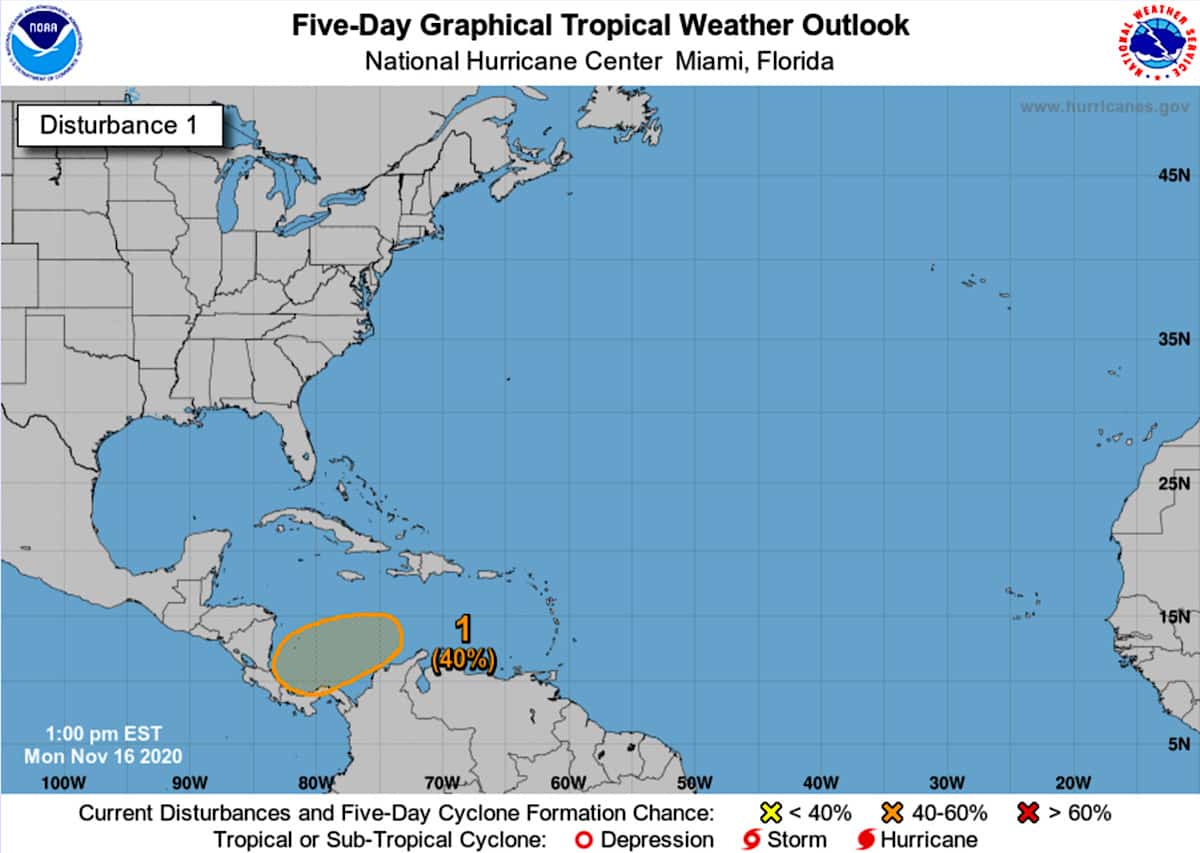 Map showing a tropical disturbance in the Caribbean Sea on November 16, 2020.