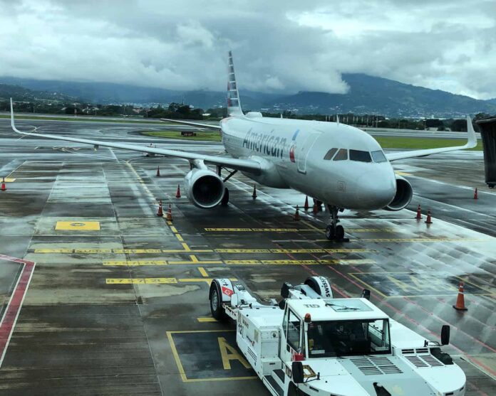 An American Airlines plane at Juan Santamaría International Airport (SJO) near San José, Costa Rica.