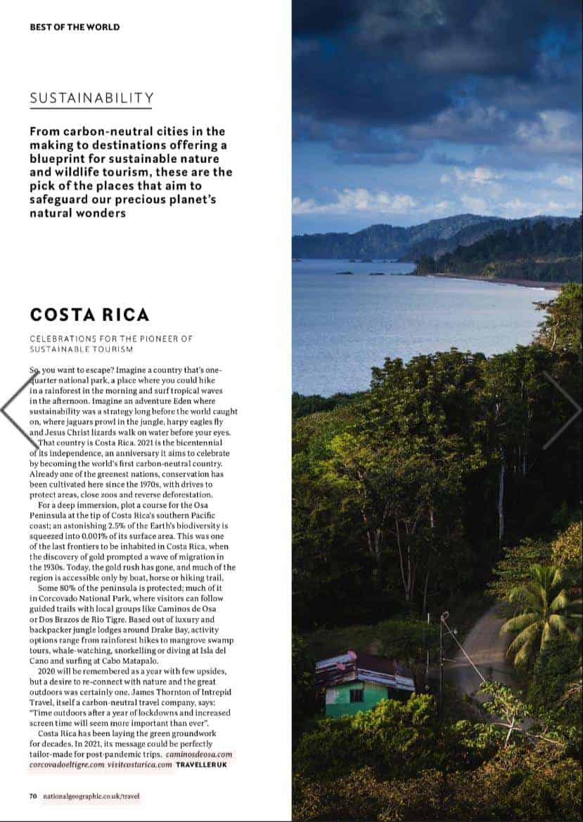 Costa Rica fue destacada en la edición de enero / febrero de 2021 de National Geographic UK.