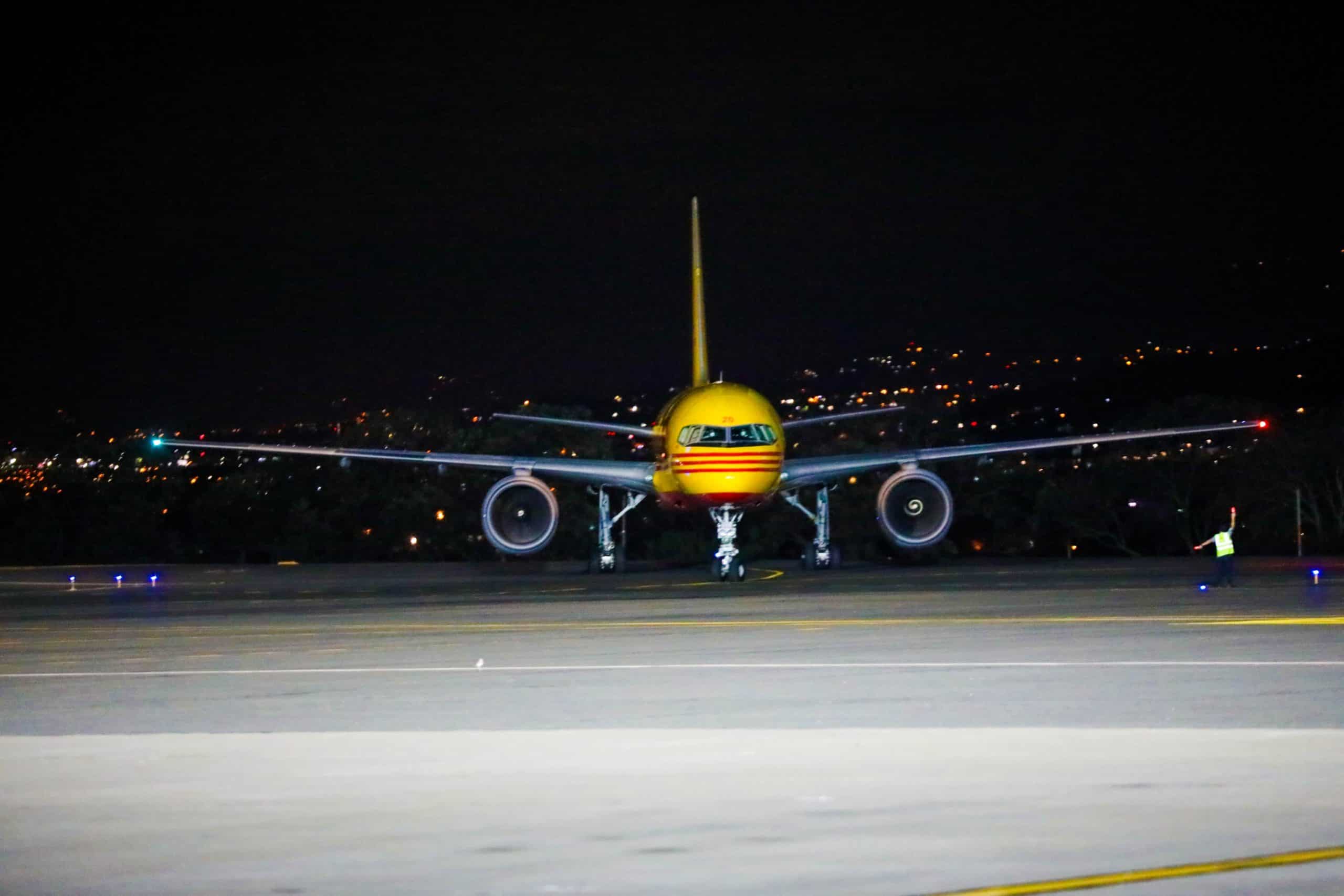 A DHL flight with a shipment of Pfizer vaccines arrives at Juan Santamaría International Airport on February 17, 2021.