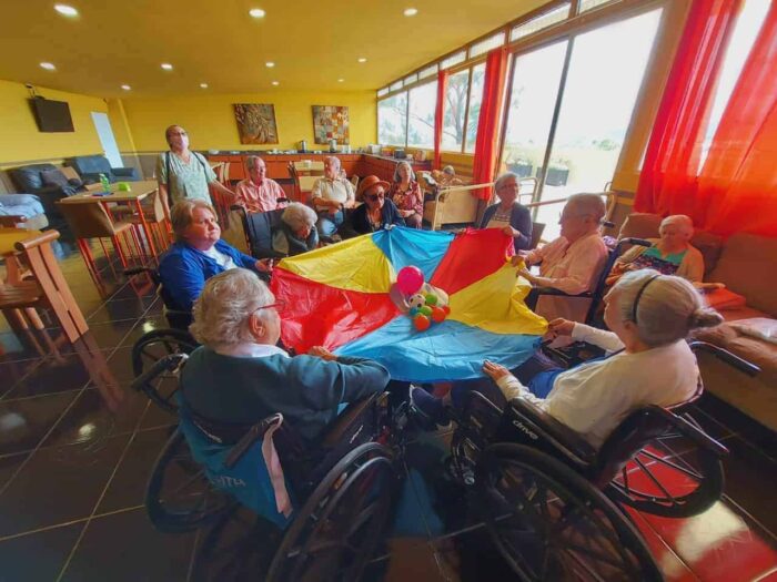Residents engage in physical and cognitive therapy involving equilibrium, coordination and color recognition.