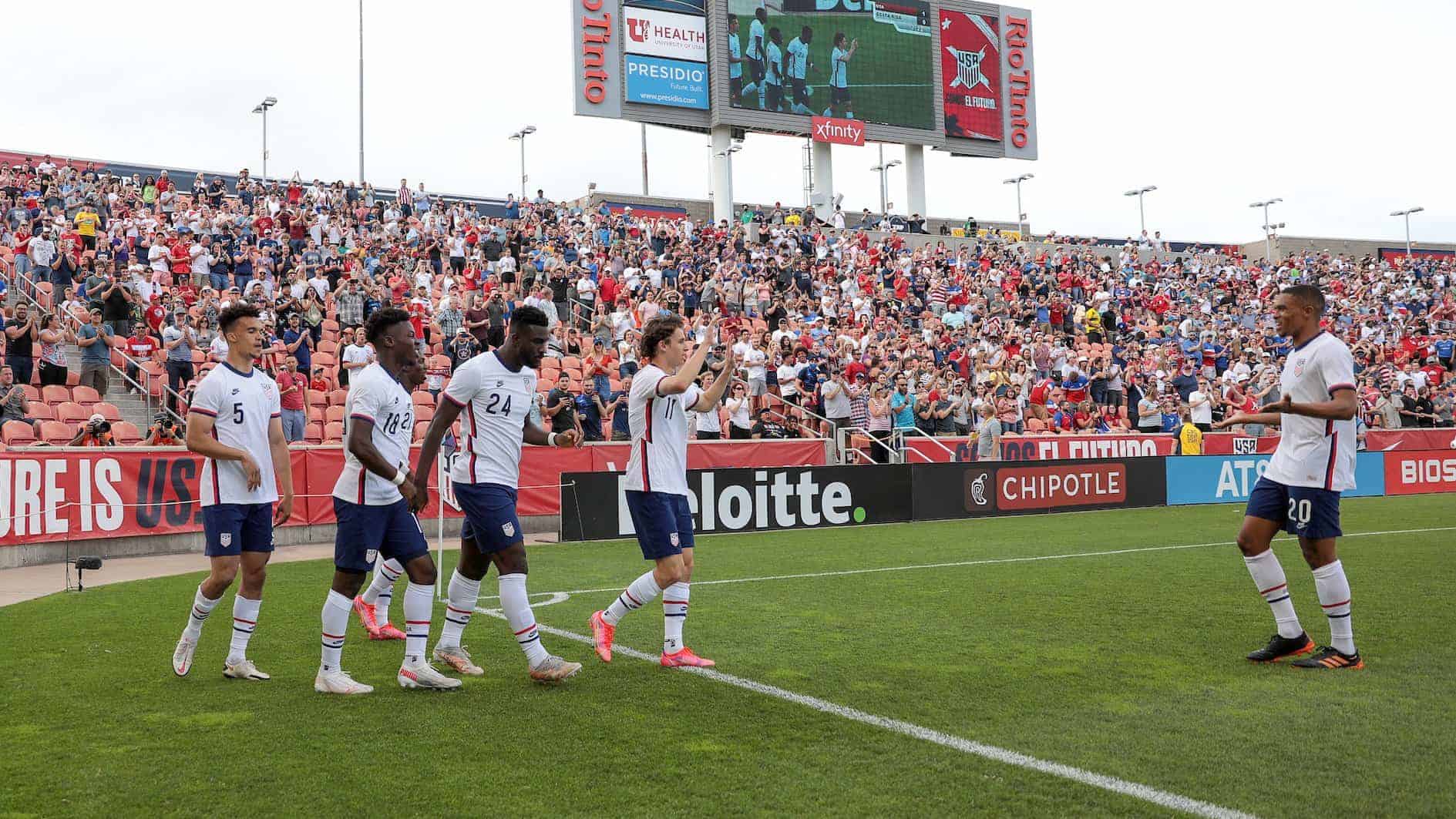 The USMNT celebrates a goal against Costa Rica on June 9, 2021.