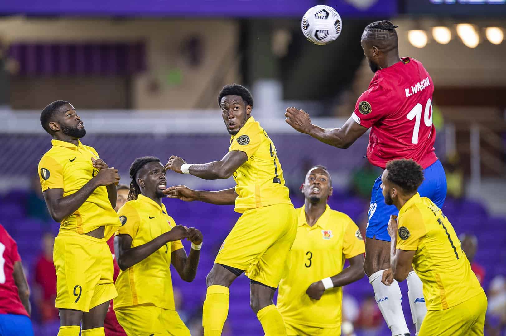 Kendall Waston skies for a header in the Gold Cup against Guadeloupe on July 12, 2021.