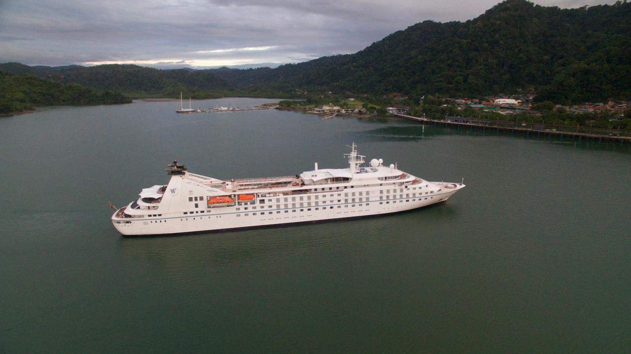 The Star Breeze luxury cruise ship arrives in Golfito, Puntarenas, Costa Rica on September 2, 2021.