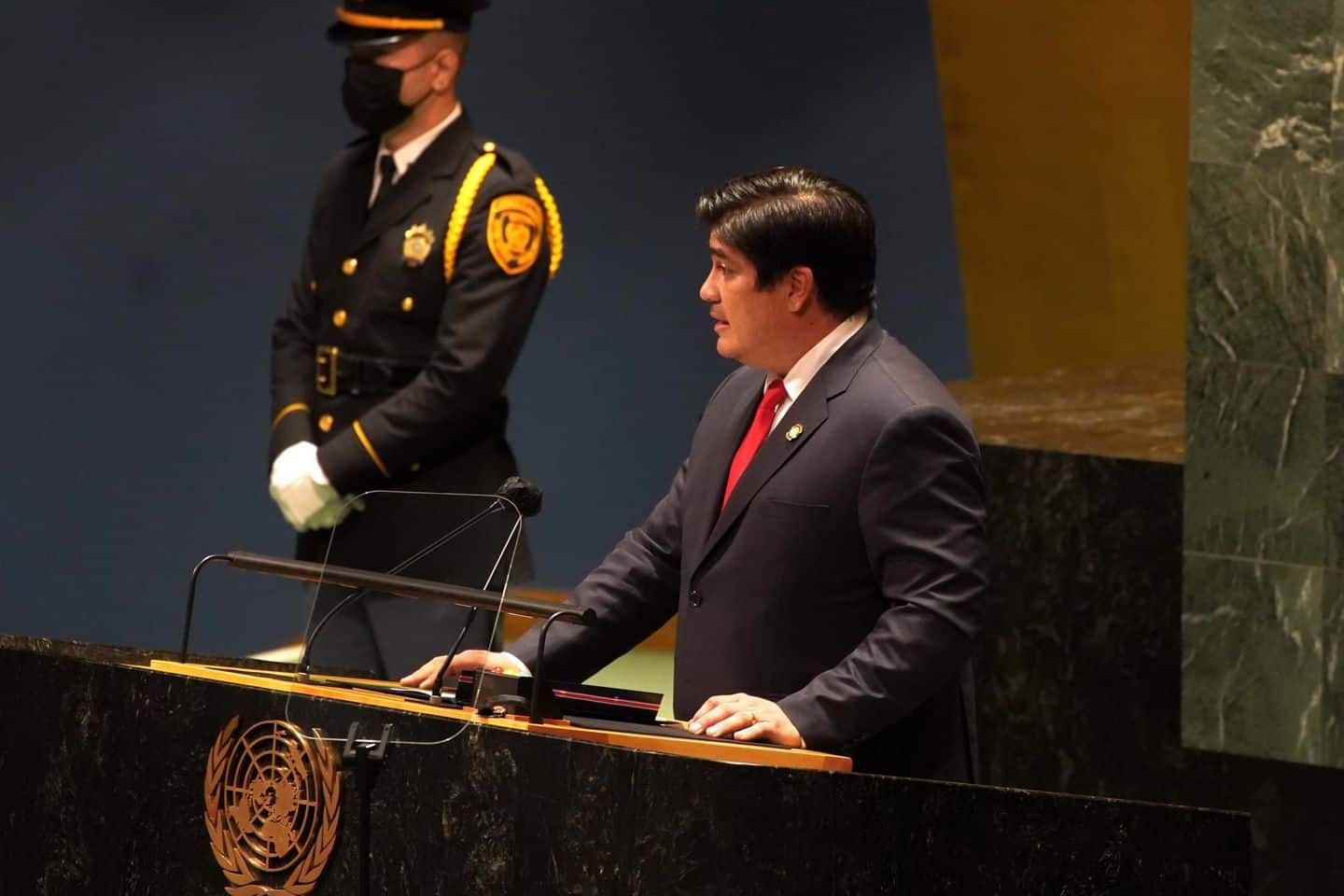 Costa Rica's Carlos Alvarado speaks at the UN General Assembly in New York City on September 21, 2021.