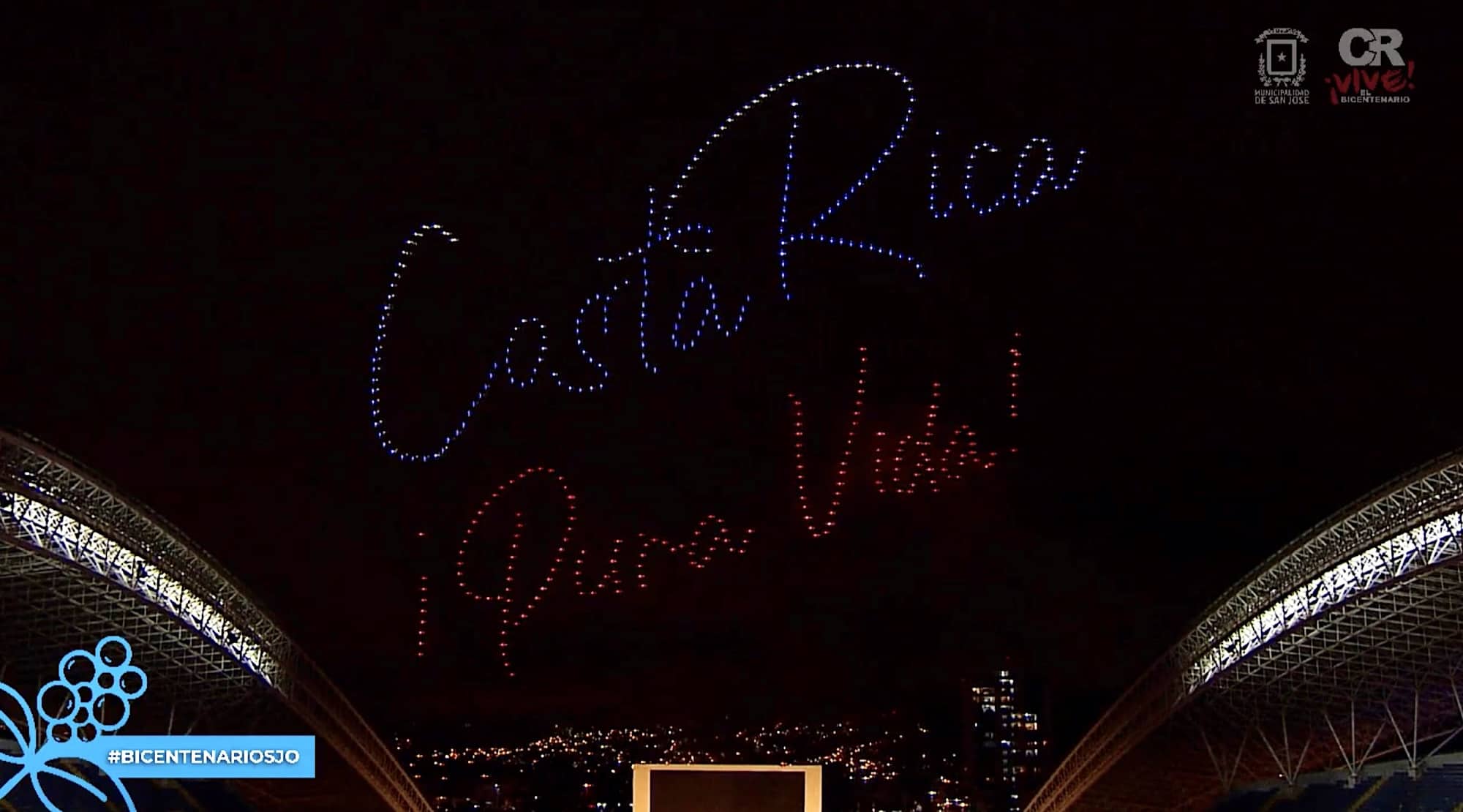 Drones spell “Costa Rica” and “Pura Vida” in the sky above the National Stadium in La Sabana, Costa Rica.